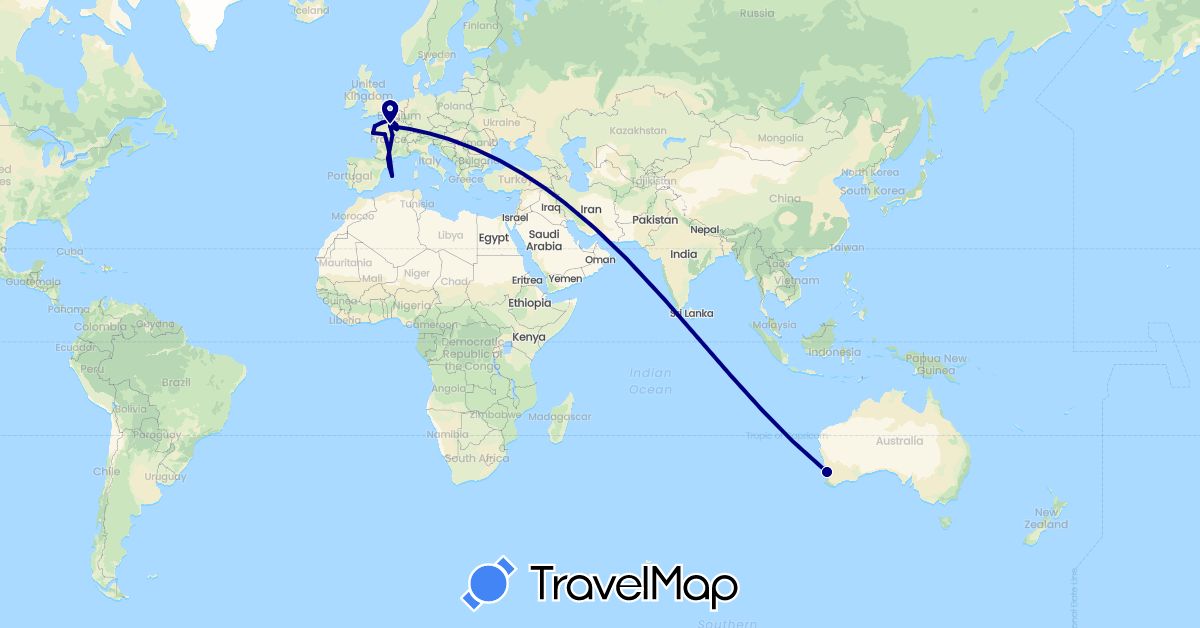 TravelMap itinerary: driving in Australia, Spain, France (Europe, Oceania)
